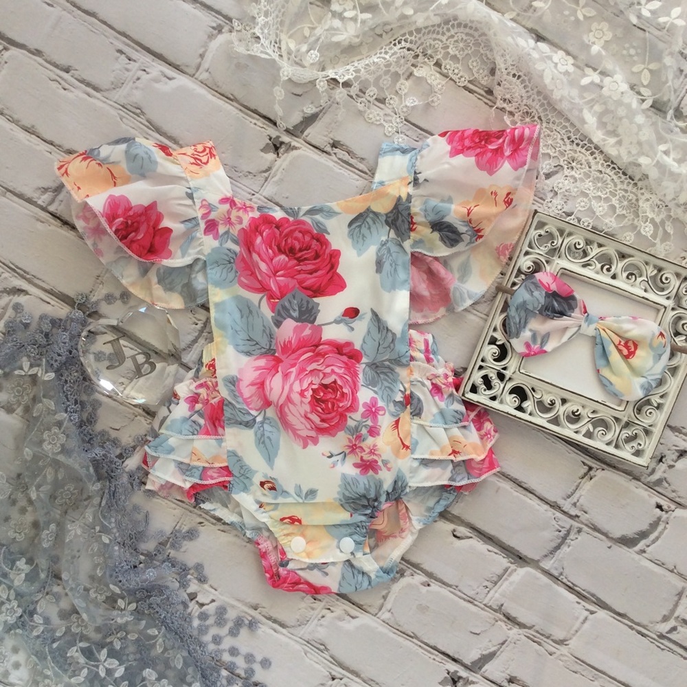 Boutique Baby Girl Floral Romper & Headband - Picture 2 of 4